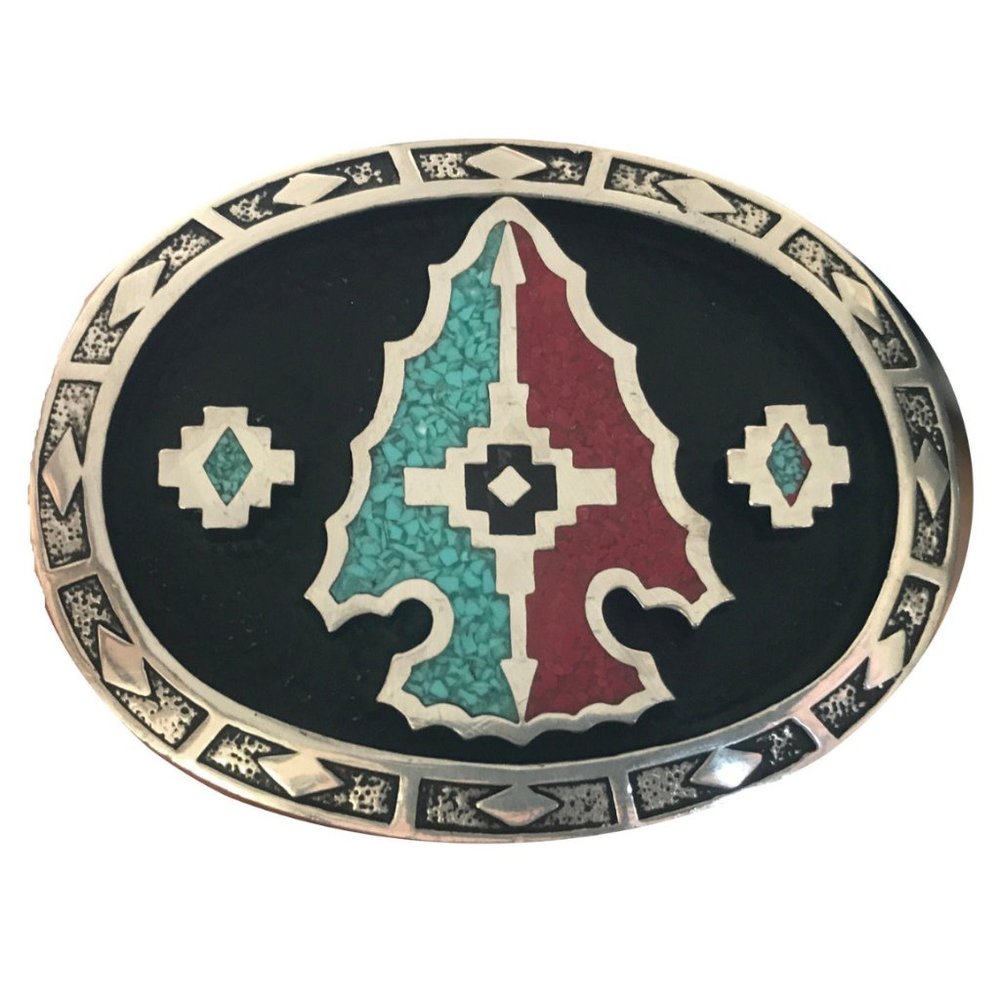 Turquoise Coral Arrowhead Inlay Belt buckle Spear Western Genuine